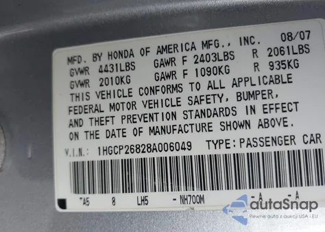 2008 Honda Accord 2.4 Ex-L z USA, uszkodzony, nr VIN 1HGCP26828A006049